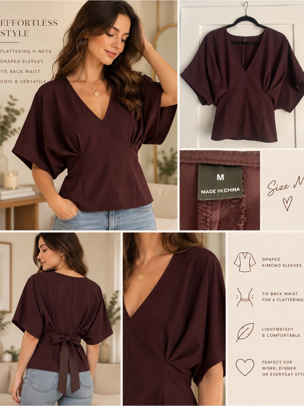 Burgundy Wine Tie Back Kimono Sleeve Blouse Size M